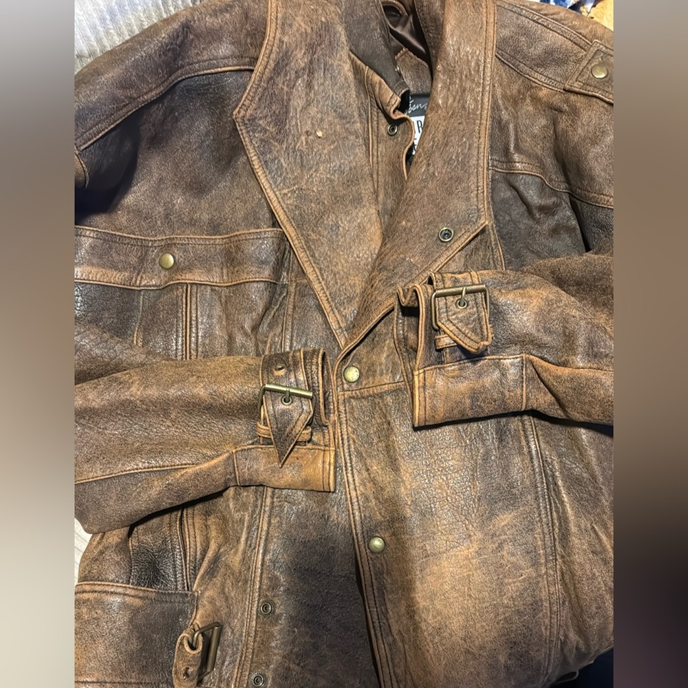 Vintage Michael Hoban Brown Distressed Leather Military Jacket